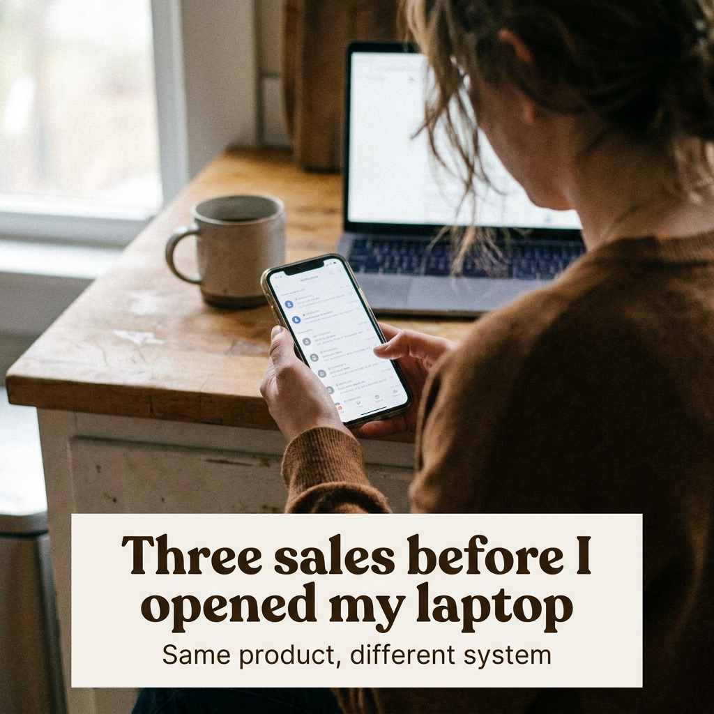 Photo + Quote Box · "Three sales before I opened my laptop"