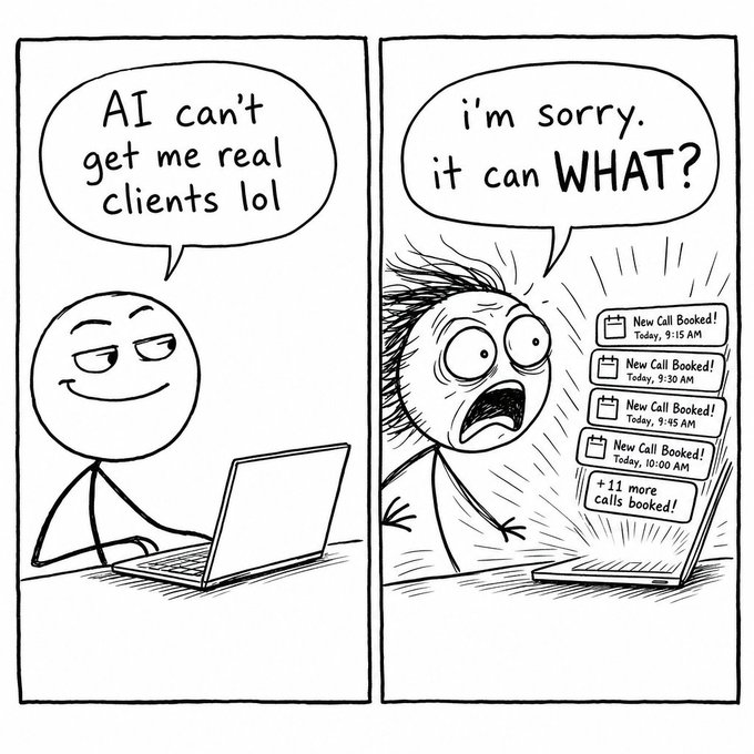 Comic — "AI can't get me real clients lol" → "it can WHAT?"