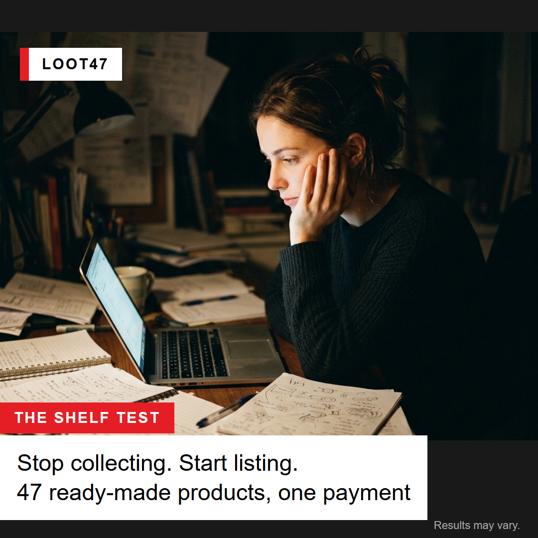 Shiny Object Club — "Stop collecting. Start listing. 47 ready-made products, one payment"